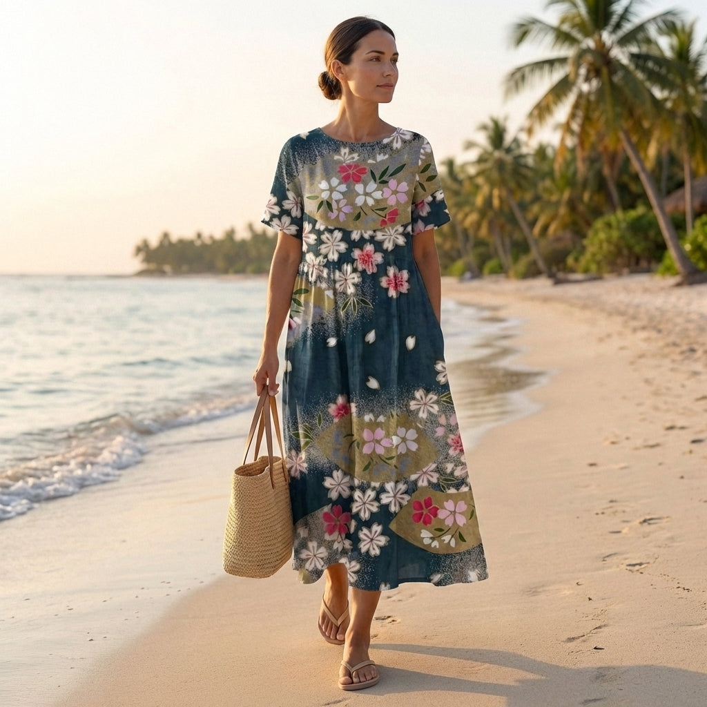 Floral Print Midi Dress with Relaxed Fit and Short Sleeves