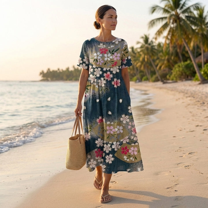 Floral Print Midi Dress with Relaxed Fit and Short Sleeves