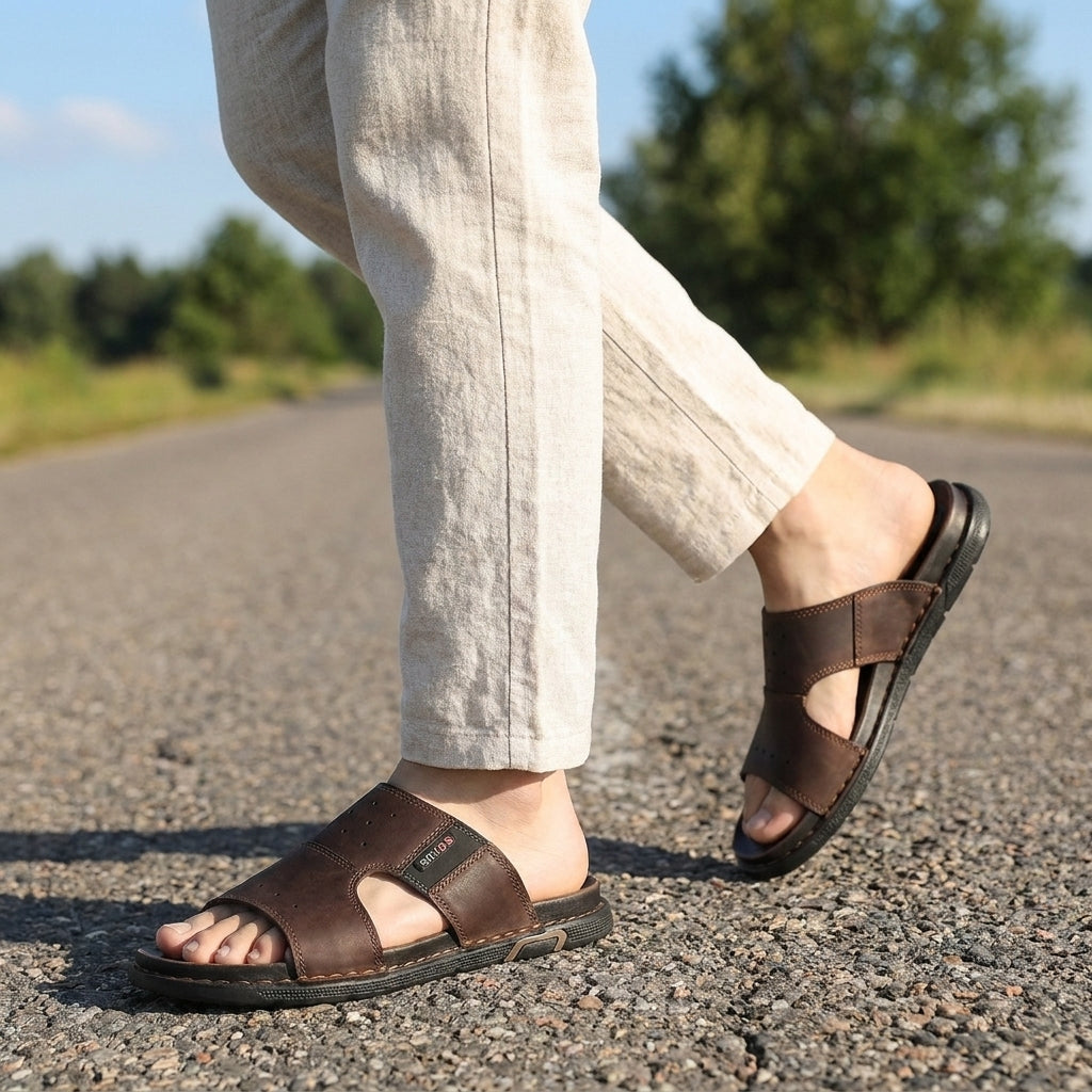 Classic Cross Strap Slide Sandals with Contrast Stitch Detailing