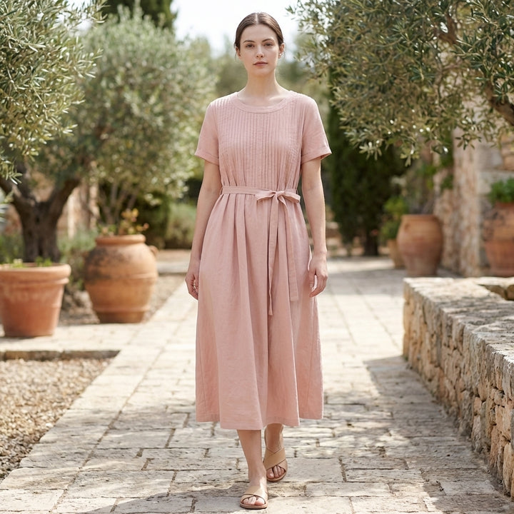 Pleated Midi Dress with Pintuck Bodice and Self-Tie Waist