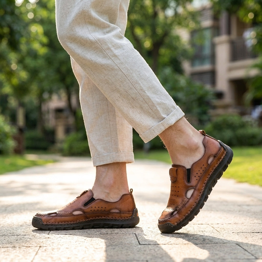 Perforated Leather Slip On Loafers with Handcrafted Stitch Detailing