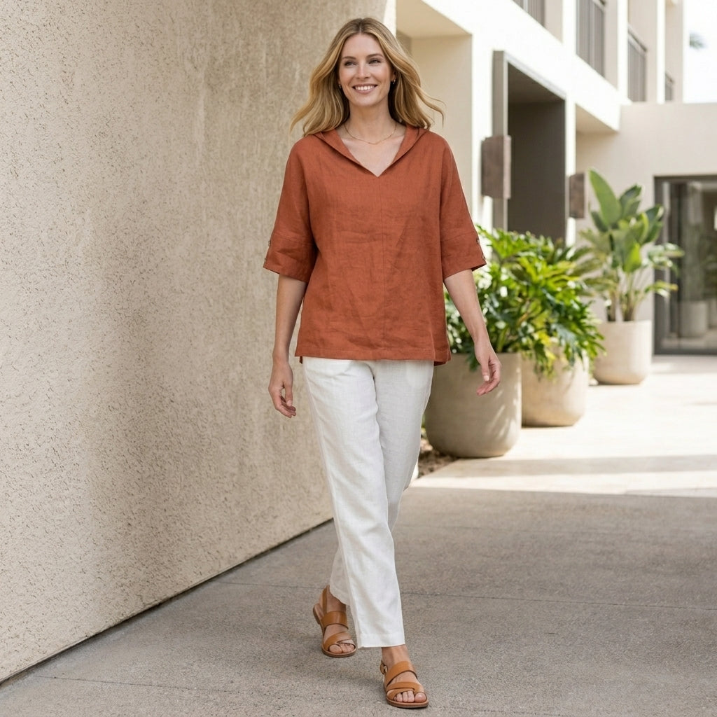 Relaxed Linen Blend Blouse with Soft Open Collar Neckline
