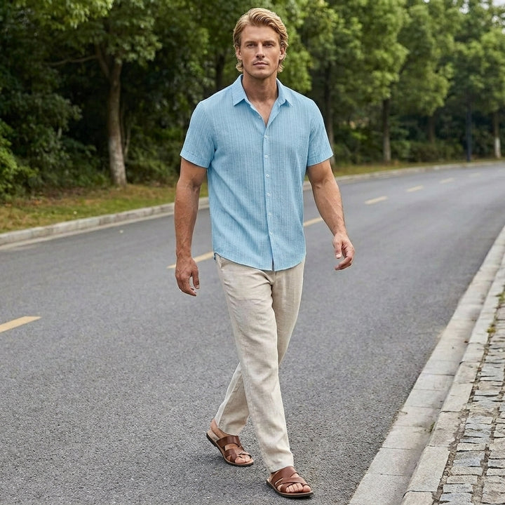 Relaxed Fit Short Sleeve Shirt with Fine Vertical Rib Texture