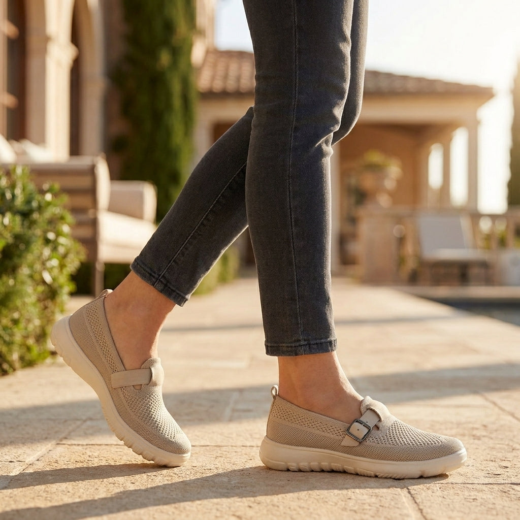 Slip-On Orthopedic Loafers with Breathable Knit and Buckle Detail