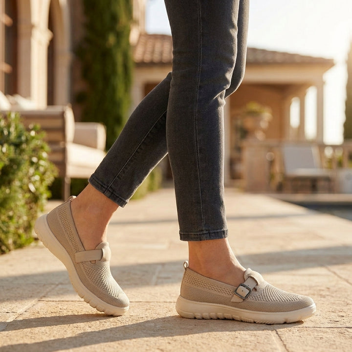Slip-On Orthopedic Loafers with Breathable Knit and Buckle Detail