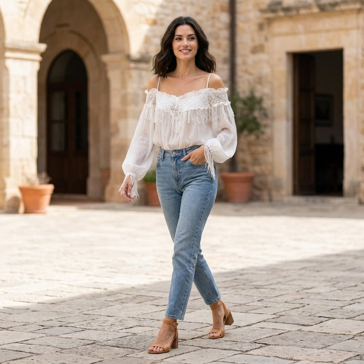 Lace Trim Off Shoulder Blouse with Fringe Detail Sleeves