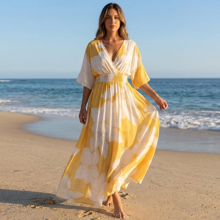 Flowing Floral Maxi Dress with V Neckline and Smocked Waist