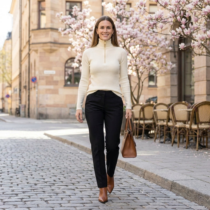 Ribbed Half Zip Turtleneck Top with Sculpted Slim Fit
