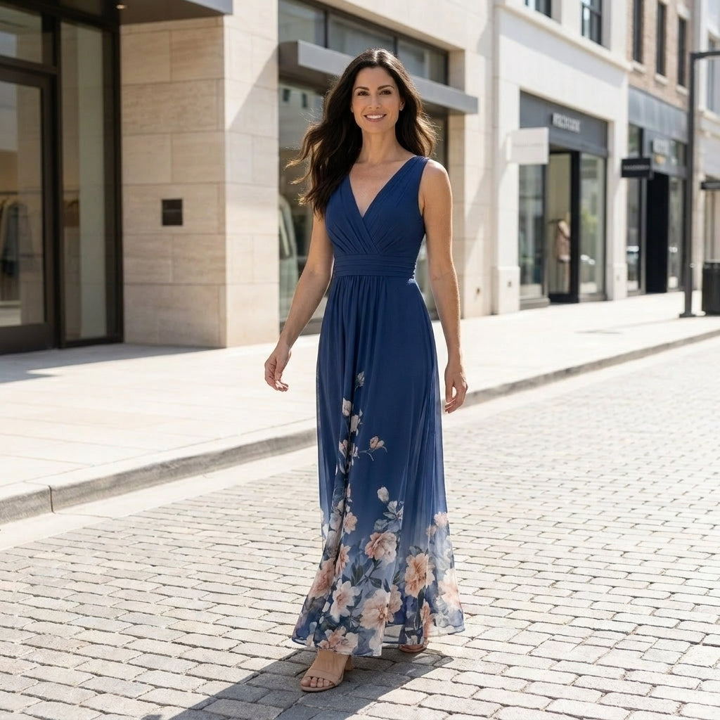 Floral Ombre Maxi Dress with Deep V Neck and Flowing Silhouette