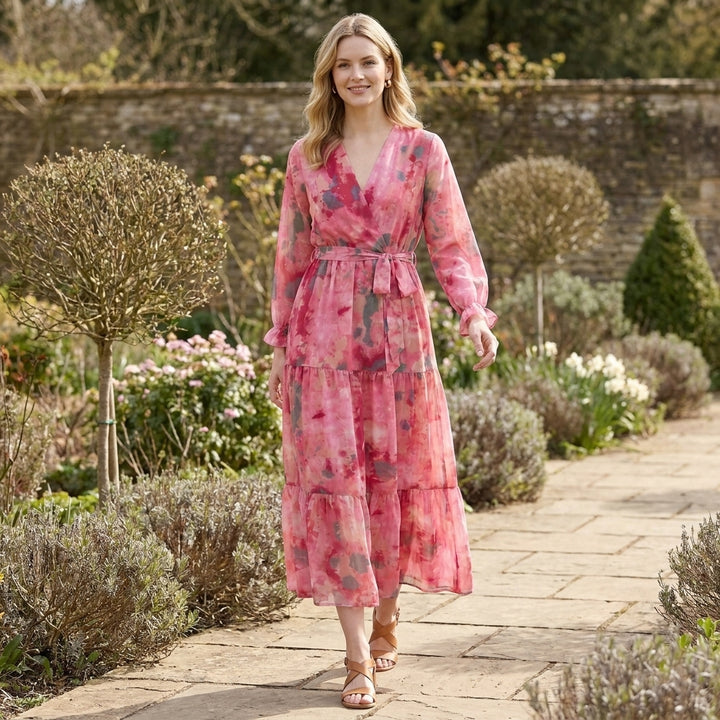 Watercolor Floral Wrap Midi Dress with Tiered Skirt and Waist Tie