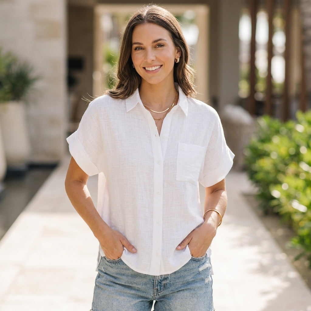 Relaxed Fit Collared Button-Up Shirt with Rolled Sleeves Design