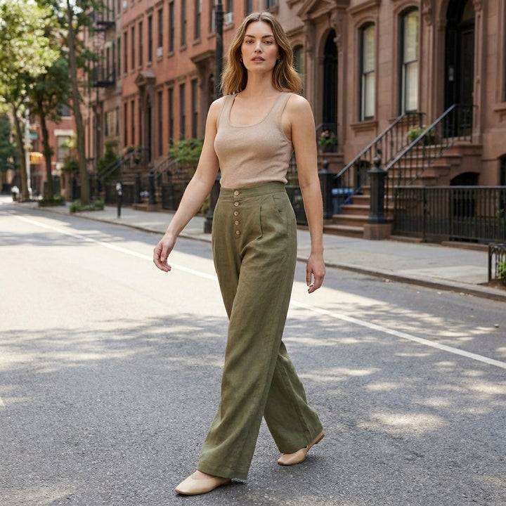 High Waist Wide Leg Trousers with Button Front Detail
