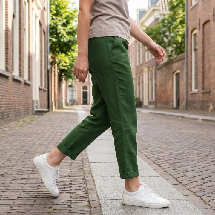 Relaxed Cropped Straight Leg Trousers with Turn Up Hem and Pockets