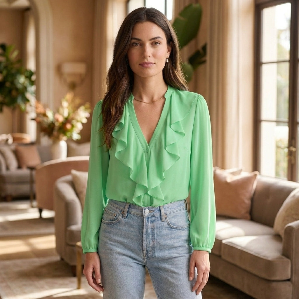 Elegant Chiffon Ruffle V-Neck Blouse with Bishop Sleeves for Smart Casual