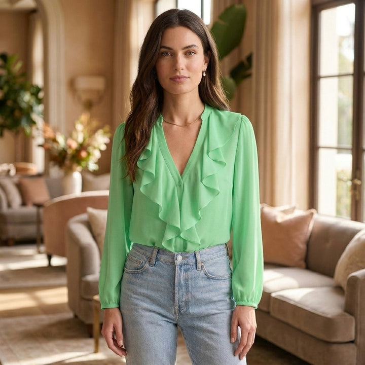 Elegant Chiffon Ruffle V-Neck Blouse with Bishop Sleeves for Smart Casual