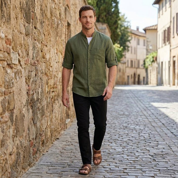 Mandarin Collar Linen Blend Shirt with Rolled Short Sleeves