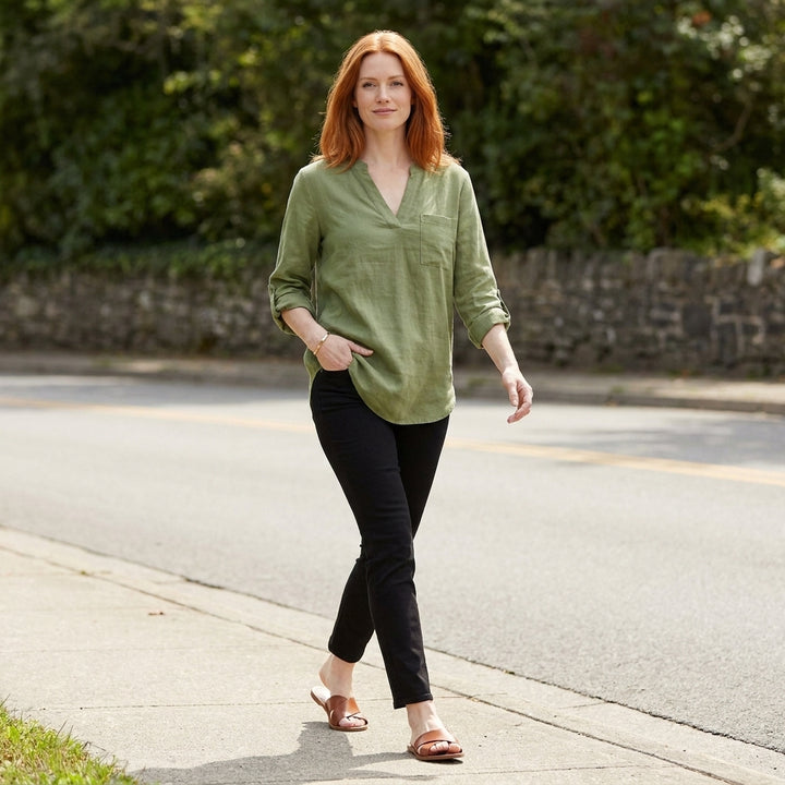 Relaxed V Neck Tunic Blouse with Roll Tab Sleeves