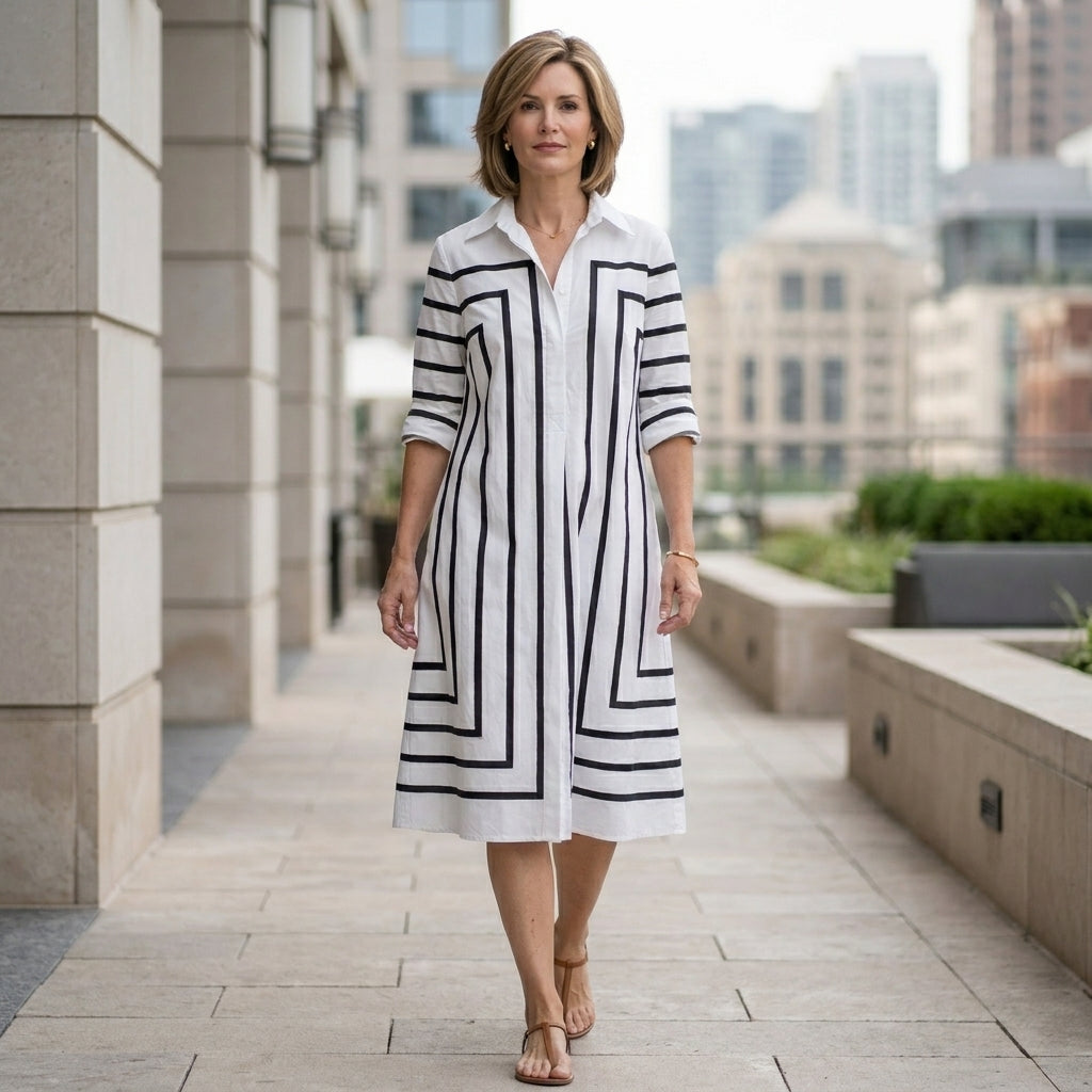 Relaxed Fit Geometric Stripe Midi Shirt Dress with Classic Collar