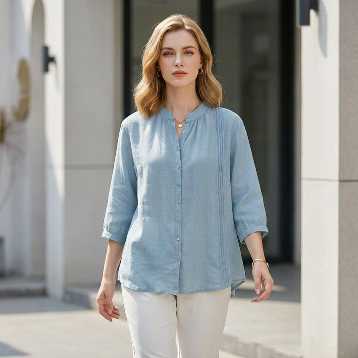 Relaxed Fit Blouse with Pintuck and Band Collar