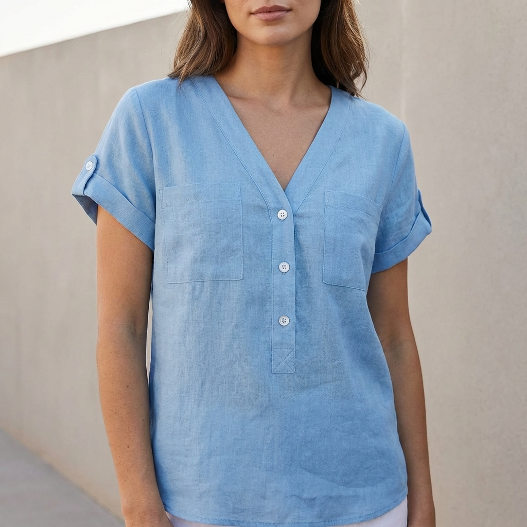 Relaxed Top with Split Neckline and Button Detail