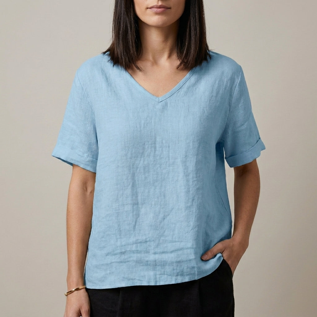 Relaxed V Neck Tunic Blouse with Effortless Draped Silhouette