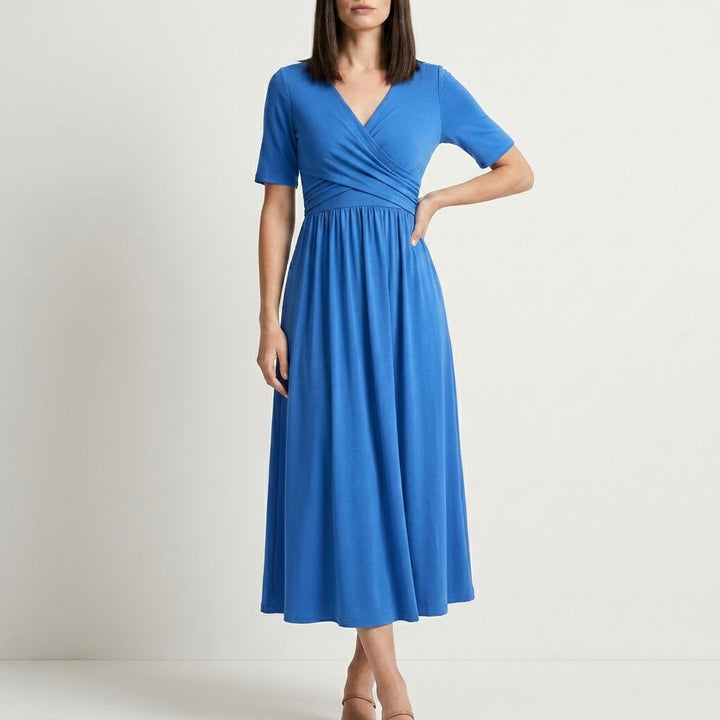 Flowing Wrap Front Midi Dress with Defined Empire Waist