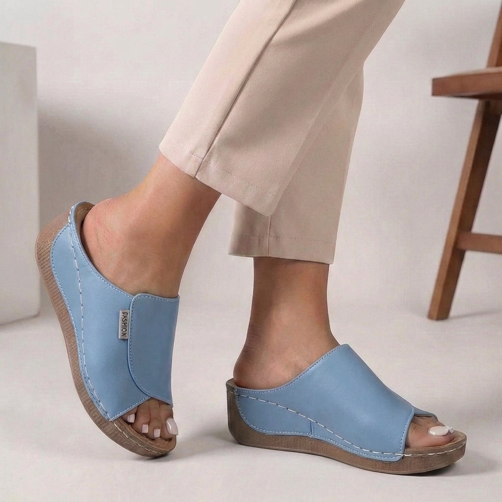 Open-Toe Wedge Sandals with Contrast Stitching