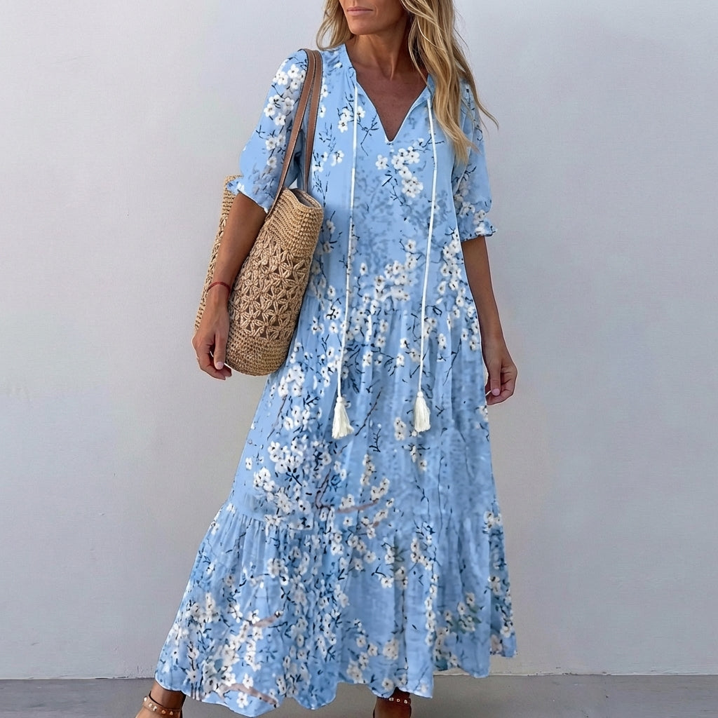 Boho Printed Maxi Dress with Tassel Tie Neck and Tiered Skirt