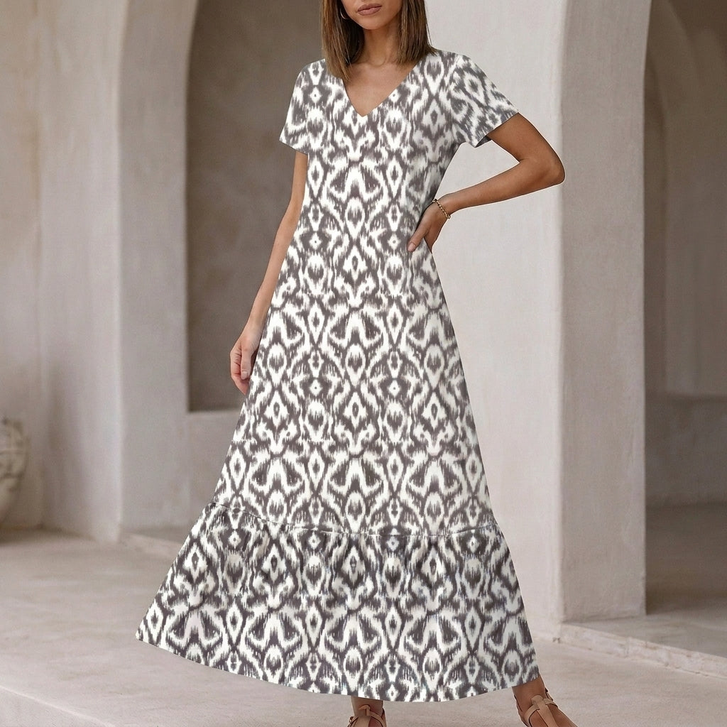 Relaxed V-Neck Ikat Pattern Maxi Dress with Ruffled Tier Hem