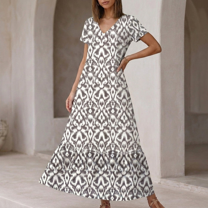 Relaxed V-Neck Ikat Pattern Maxi Dress with Ruffled Tier Hem