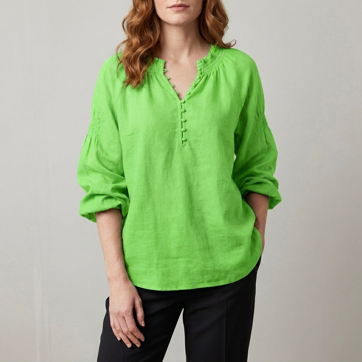 Relaxed Peasant Blouse with Gathered Neckline and Balloon Sleeves
