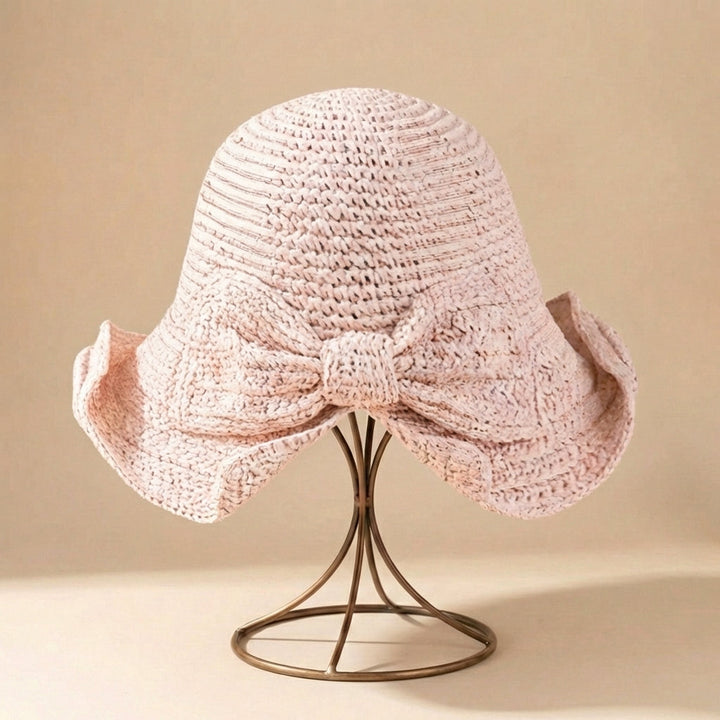 Crocheted Woven Sun Hat with Downturned Brim and Bow Detail