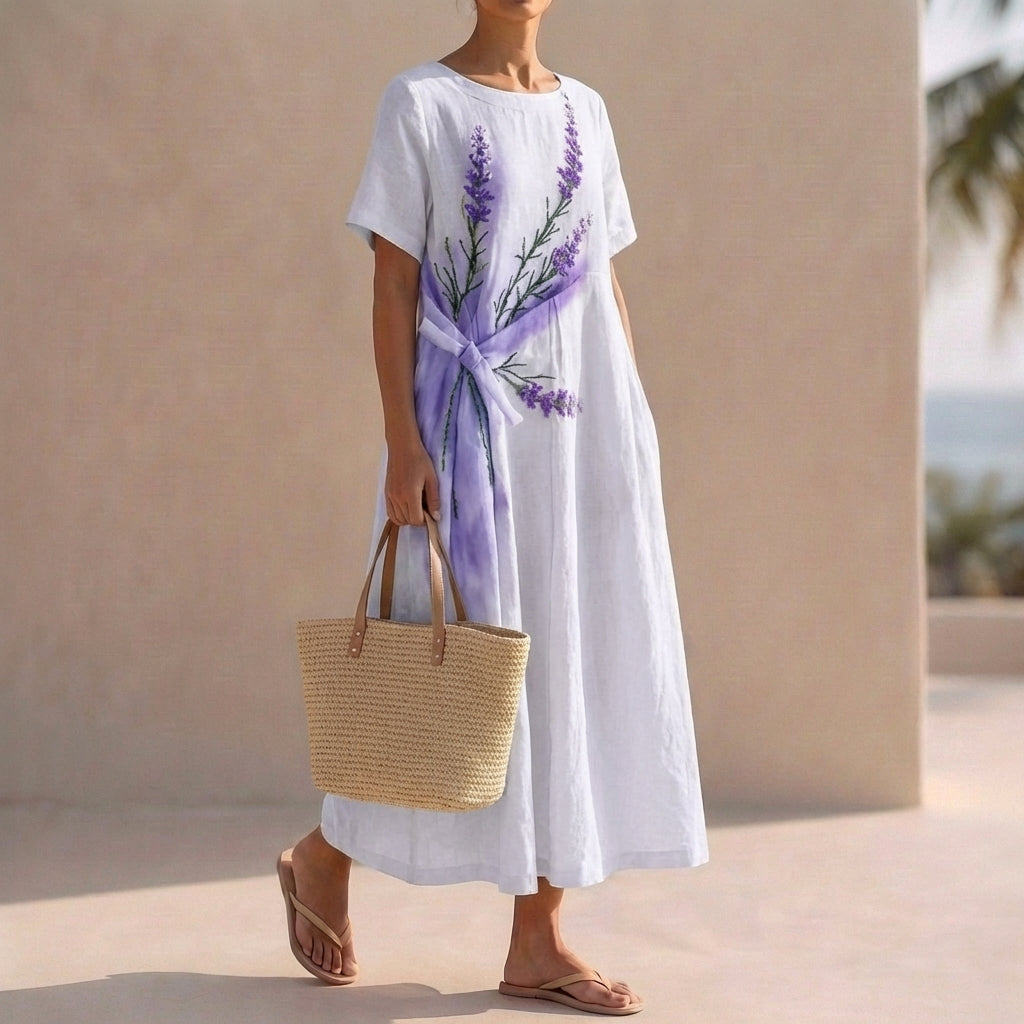 Floral Print Midi Dress with Relaxed Fit and Short Sleeves