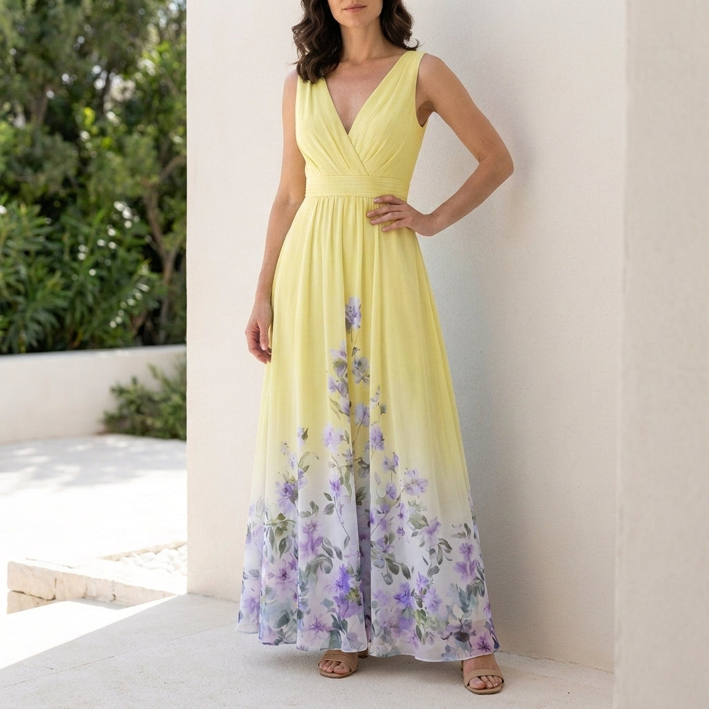 Floral Ombre Maxi Dress with Deep V Neck and Flowing Silhouette