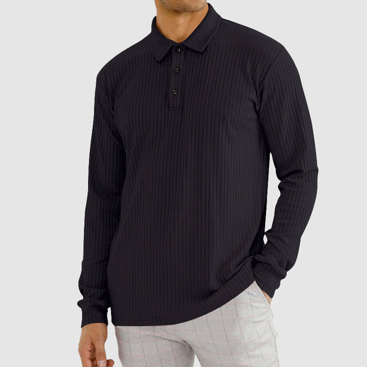 Men’s Knit Long-Sleeve Polo Shirt with Vertical Ribbed Texture
