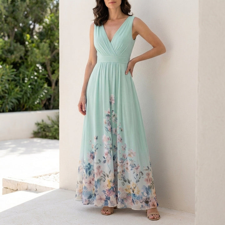 Floral Ombre Maxi Dress with Deep V Neck and Flowing Silhouette