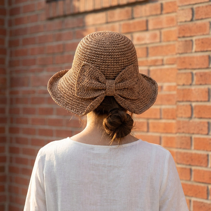 Crocheted Woven Sun Hat with Downturned Brim and Bow Detail