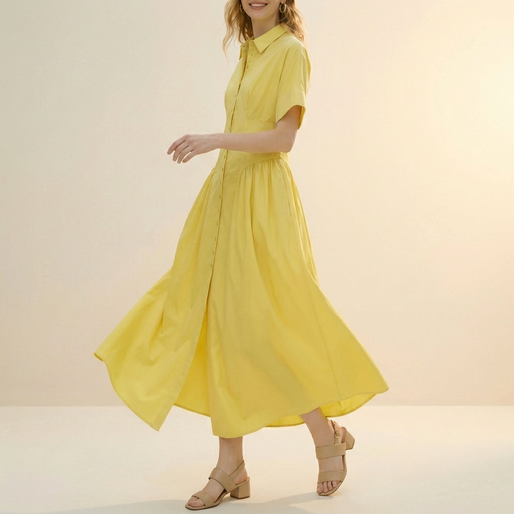 Button Front Midi Shirt Dress with Relaxed Gathered Skirt