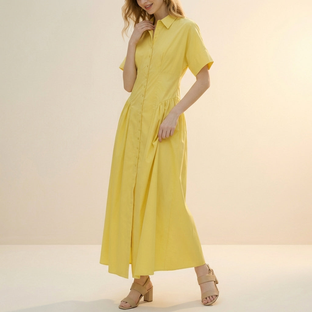 Button Front Midi Shirt Dress with Relaxed Gathered Skirt