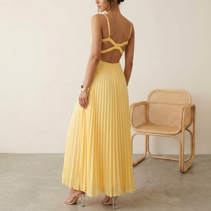 Eileen Pleated Maxi Dress with Twist-Front Bodice and Flowing Silhouette