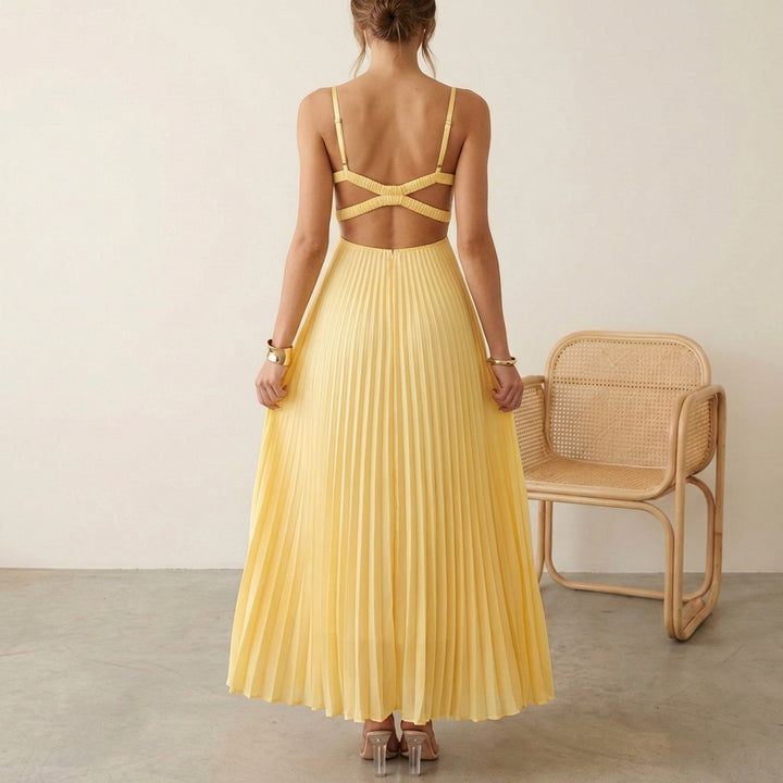 Eileen Pleated Maxi Dress with Twist-Front Bodice and Flowing Silhouette