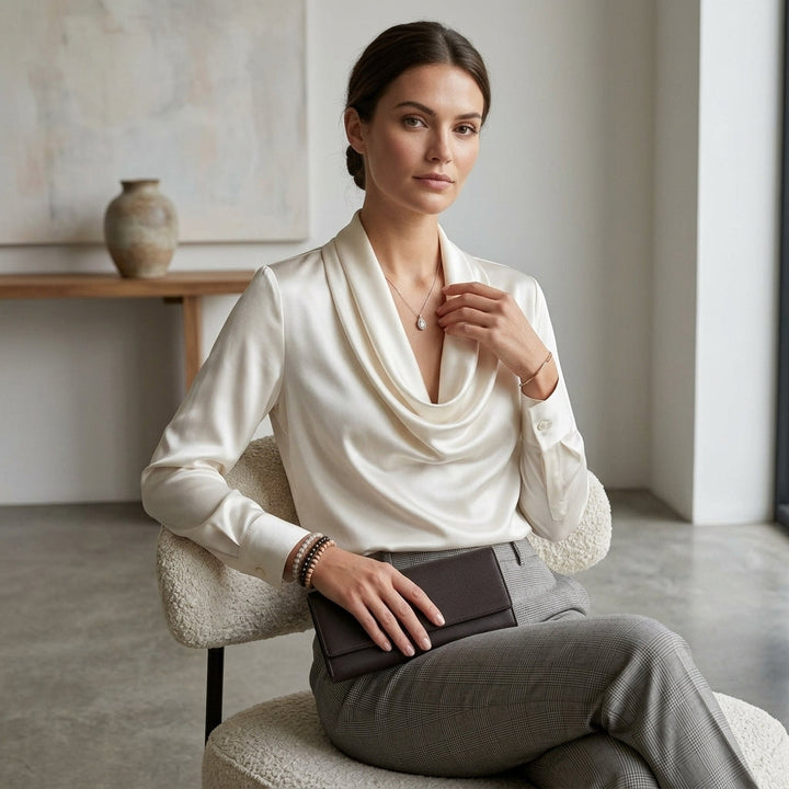 Elegant Blouse with Draped Cowl Neck and Long Sleeves