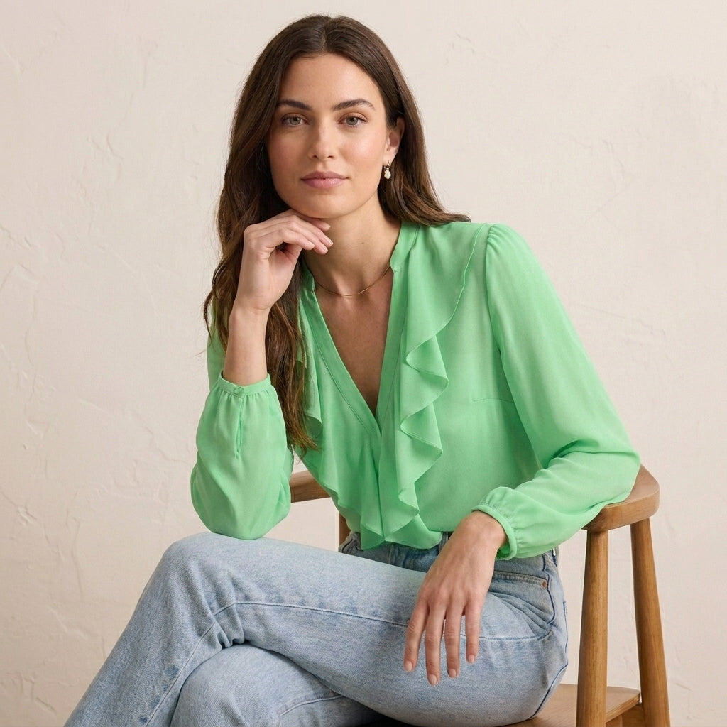 Elegant Chiffon Ruffle V-Neck Blouse with Bishop Sleeves for Smart Casual