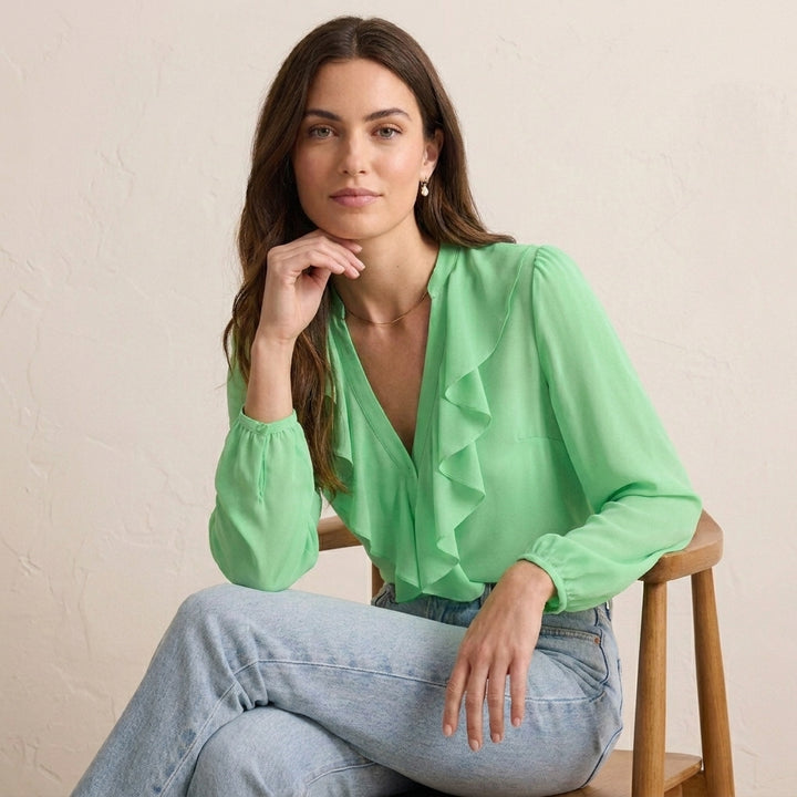 Elegant Chiffon Ruffle V-Neck Blouse with Bishop Sleeves for Smart Casual