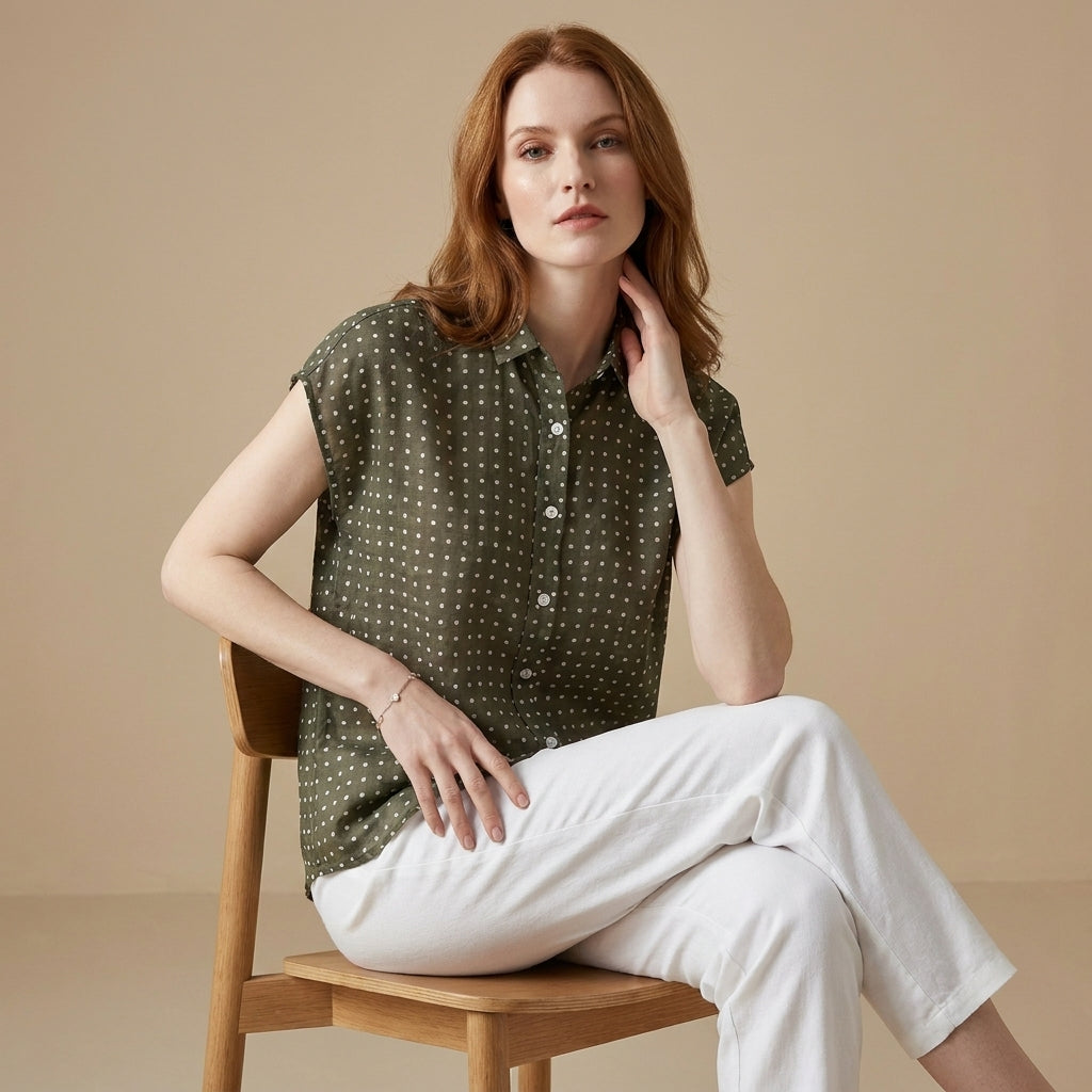 Relaxed Polka Dot Button Front Blouse with Soft Cap Sleeves