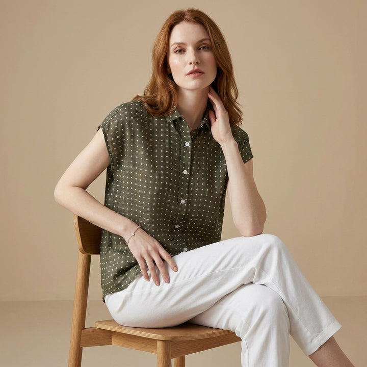 Relaxed Polka Dot Button Front Blouse with Soft Cap Sleeves