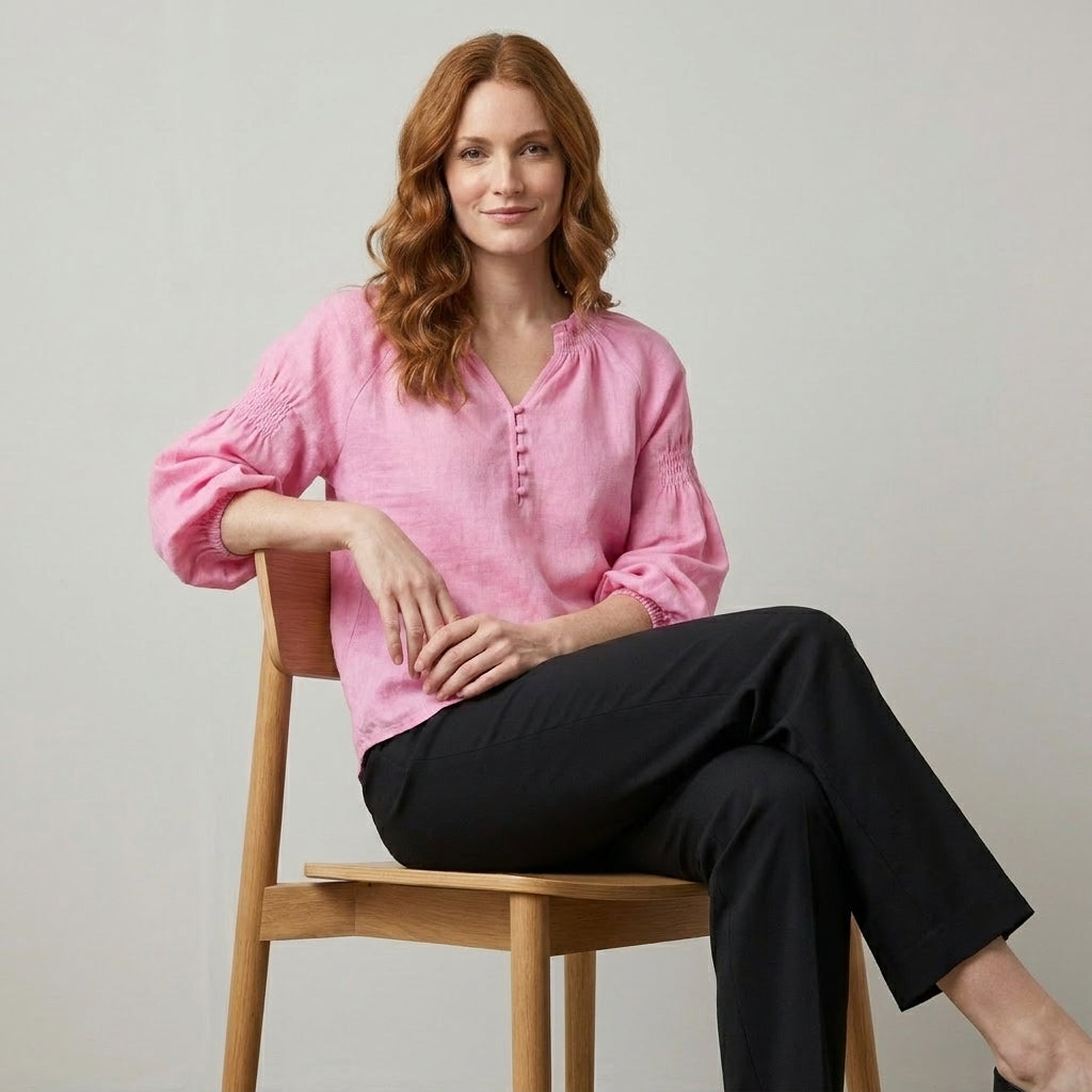 Relaxed Peasant Blouse with Gathered Neckline and Balloon Sleeves