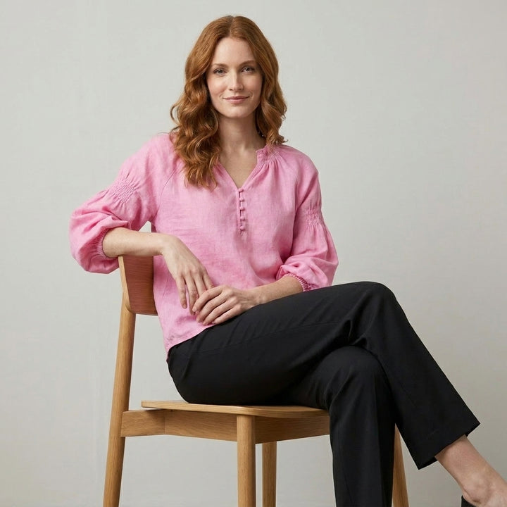 Relaxed Peasant Blouse with Gathered Neckline and Balloon Sleeves