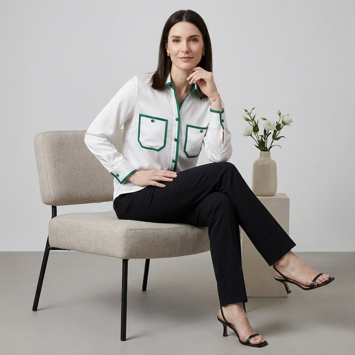 Contrast Trim Button Front Blouse with Tailored Utility Pockets