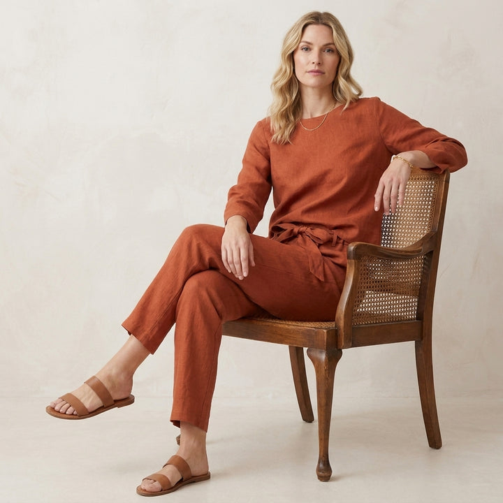 Relaxed Linen Blend Two Piece Set with Tie Waist Trousers